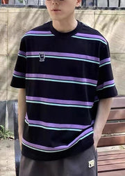 Cool Purple O Neck Striped Cotton Oversized T Shirt Men Summer