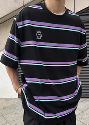 Cool Purple O Neck Striped Cotton Oversized T Shirt Men Summer