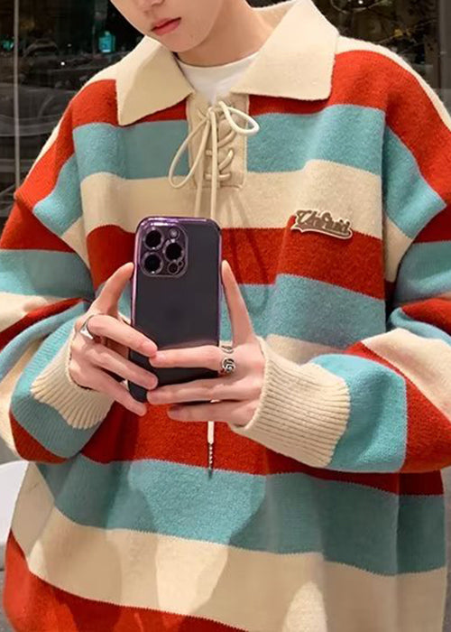 Cool Red Striped Peter Pan Collar Lace Up Knit Men Sweater Fall