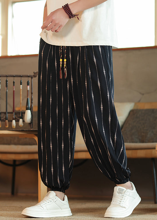 Cool Striped Pockets Elastic Waist Cotton Men Crop Pants Summer