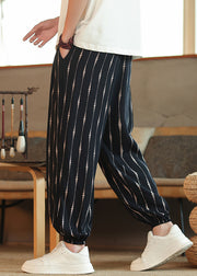Cool Striped Pockets Elastic Waist Cotton Men Crop Pants Summer
