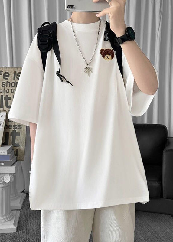 Cool White Embroideried Zippered Cotton Mens T Shirt Designer Summer