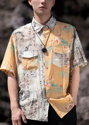 Cool Yellow Peter Pan Collar Print Cotton Men Shirts Summer