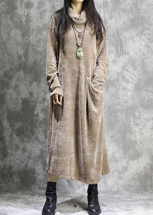 Corduroy Long Sleeve Turtleneck Causal Baggy Maxi Dress Khaki