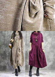 Corduroy Long Sleeve Turtleneck Causal Baggy Maxi Dress Khaki