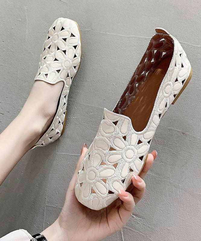 Cotton Fabric Hollow Out Embroidery Splicing Yellow Loafers For Women