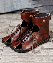 Cowhide Leather Brown Boots Hollow Out Lace Up Splicing