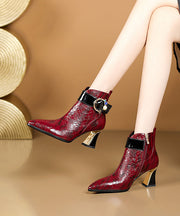 Cowhide Leather Embossed Wine Red Boots Splicing Zircon Zippered