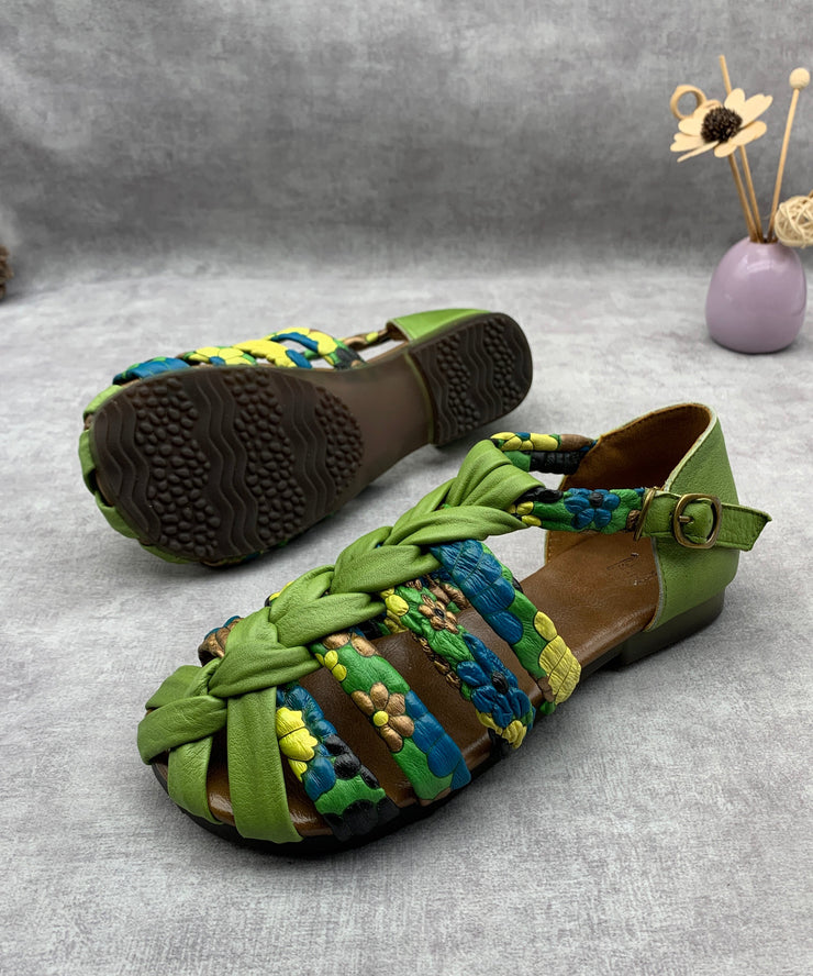 Cowhide Leather Handmade Hollow Out Splicing Green Walking Sandals