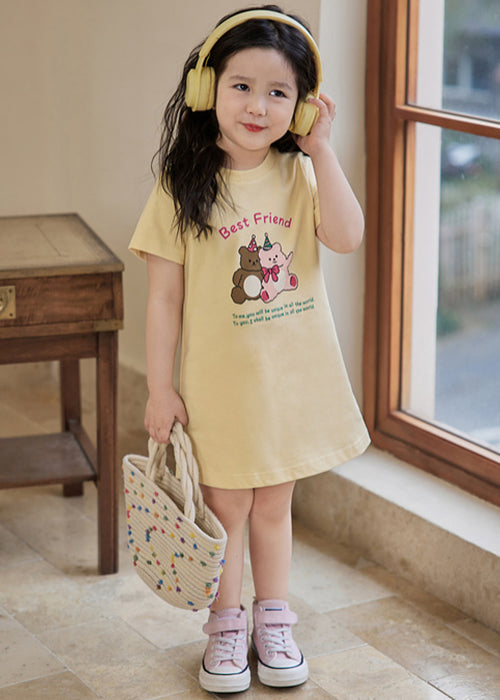 Cozy Apricot O Neck Print Cotton Girls T Shirt Dress Summer