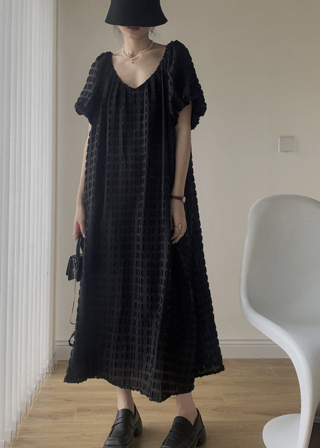 Cozy Black V Neck Patchwork Cotton Long Dresses Puff Sleeve