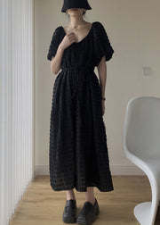 Cozy Black V Neck Patchwork Cotton Long Dresses Puff Sleeve