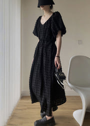 Cozy Black V Neck Patchwork Cotton Long Dresses Puff Sleeve