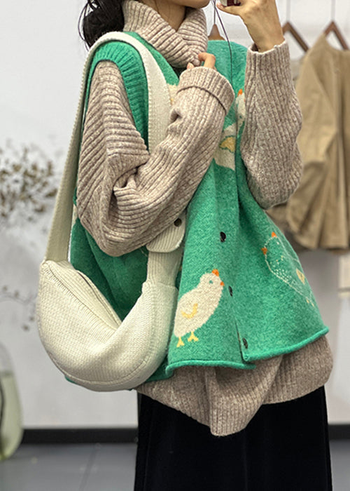 Cozy Green O Neck Button Animal Cotton Knit Waistcoat Sleeveless