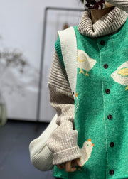 Cozy Green O Neck Button Animal Cotton Knit Waistcoat Sleeveless