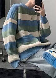 Cozy Green O Neck Striped Knit Sweater Men Fall