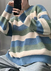 Cozy Green O Neck Striped Knit Sweater Men Fall