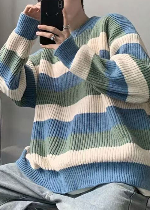 Cozy Green O Neck Striped Knit Sweater Men Fall