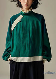 Cozy Green Ruffled Patchwork Cotton Shirt Long Sleeve