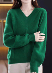 Cozy Green V Neck Solid Knit Knit Sweaters Fall