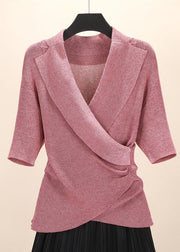 Cozy Grey Asymmetrical Solid Knit Top Short Sleeve