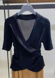Cozy Grey Asymmetrical Solid Knit Top Short Sleeve
