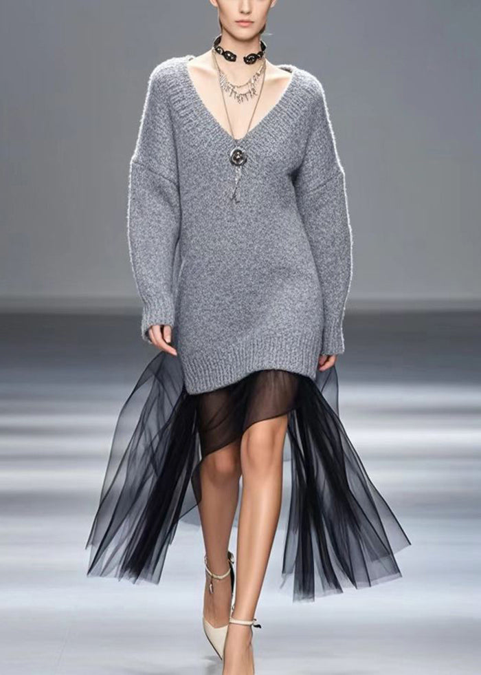 Cozy Grey Patchwork Tulle Thick Knitwear Dress Winter