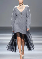 Cozy Grey Patchwork Tulle Thick Knitwear Dress Winter