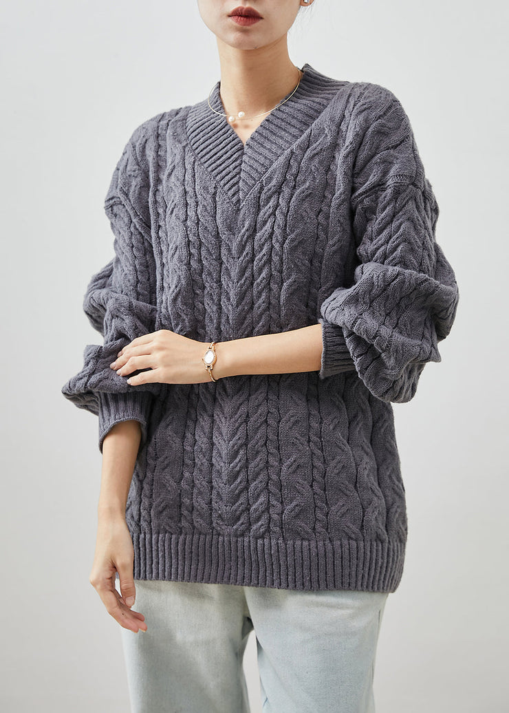 Cozy Grey V Neck Thick Cable Knit Sweater Tops Winter