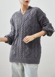 Cozy Grey V Neck Thick Cable Knit Sweater Tops Winter