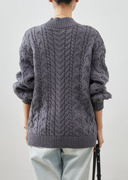 Cozy Grey V Neck Thick Cable Knit Sweater Tops Winter