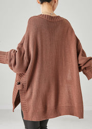 Cozy Khaki Oversized Side Open Knit Tops Spring