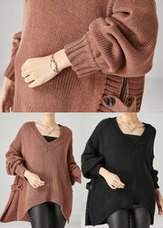 Cozy Khaki Oversized Side Open Knit Tops Spring