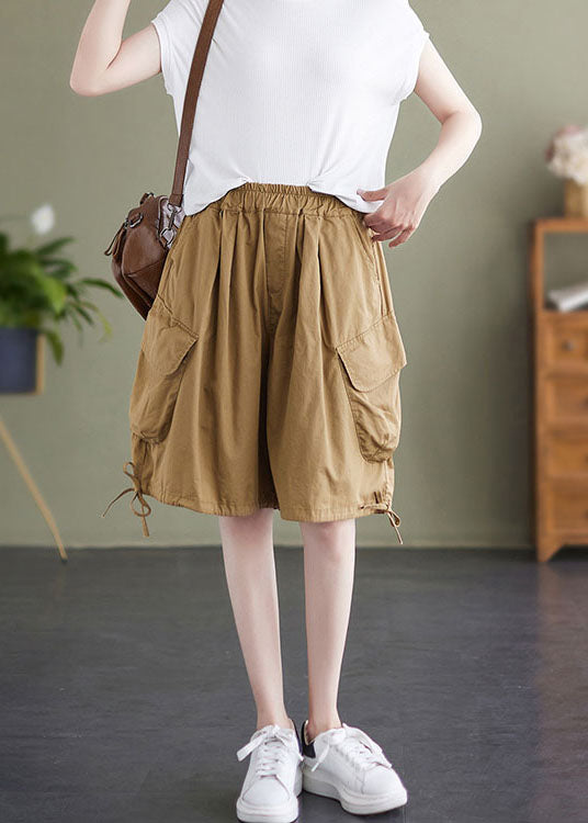 Cozy Khaki Pockets Elastic Waist Patchwork Cotton Shorts Summer