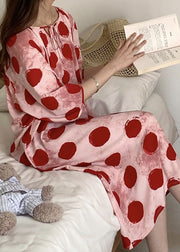 Cozy Pink Lace Up Print Cotton Pajamas Dresses Half Sleeve