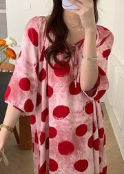 Cozy Pink Lace Up Print Cotton Pajamas Dresses Half Sleeve