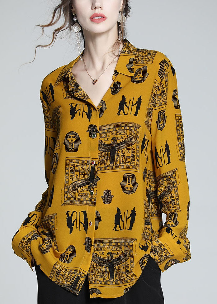 Cozy Yellow Peter Pan Collar Print Silk Shirt Top Spring