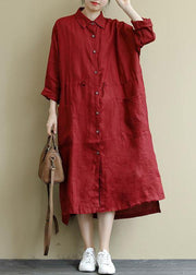 Red Linen Shirt Dress Casual Oversize Spring Maxi Dresses - SooLinen