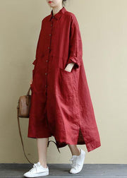 Red Linen Shirt Dress Casual Oversize Spring Maxi Dresses - SooLinen