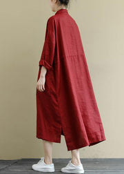 Red Linen Shirt Dress Casual Oversize Spring Maxi Dresses - SooLinen