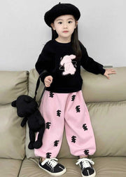 Cute Animal Print Girls Black Sweatshirt And Pink Beam Pants Two Pieces Set Spring