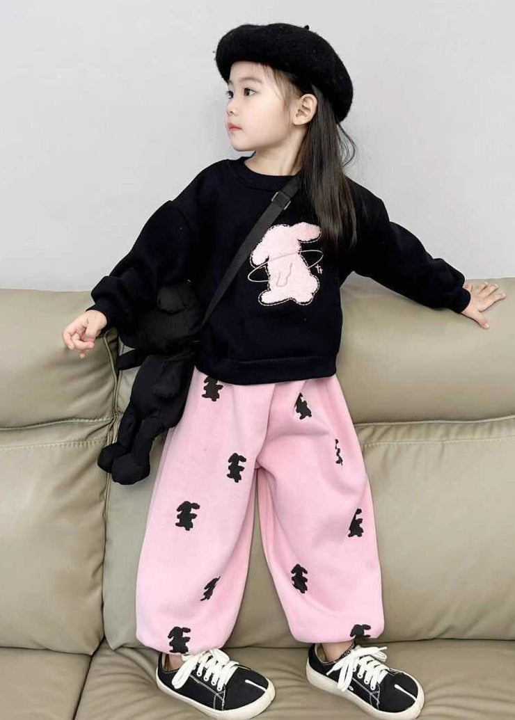 Cute Animal Print Girls Black Sweatshirt And Pink Beam Pants Two Pieces Set Spring