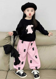 Cute Animal Print Girls Black Sweatshirt And Pink Beam Pants Two Pieces Set Spring