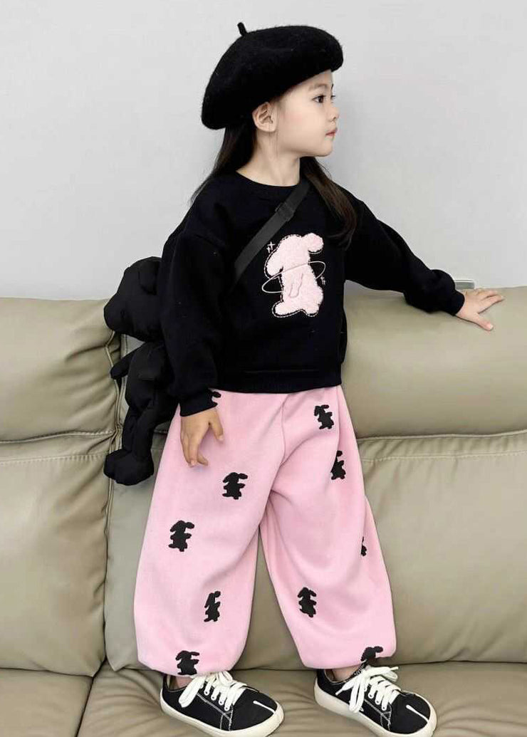 Cute Animal Print Girls Black Sweatshirt And Pink Beam Pants Two Pieces Set Spring