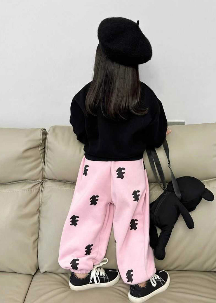 Cute Animal Print Girls Black Sweatshirt And Pink Beam Pants Two Pieces Set Spring