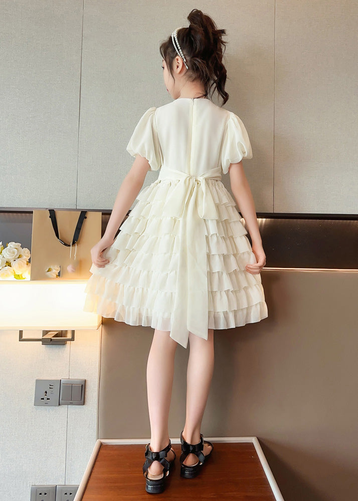 Cute Apricot O-Neck Patchwork Girls Chiffon Layered Long Dress Short Sleeve