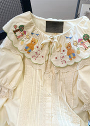 Cute Apricot Peter Pan Collar Embroidered Patchwork Cotton Shirts Summer