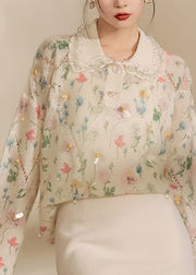 Cute Apricot Peter Pan Collar Print Hollow Out Sequins Cotton Knit Sweaters Winter