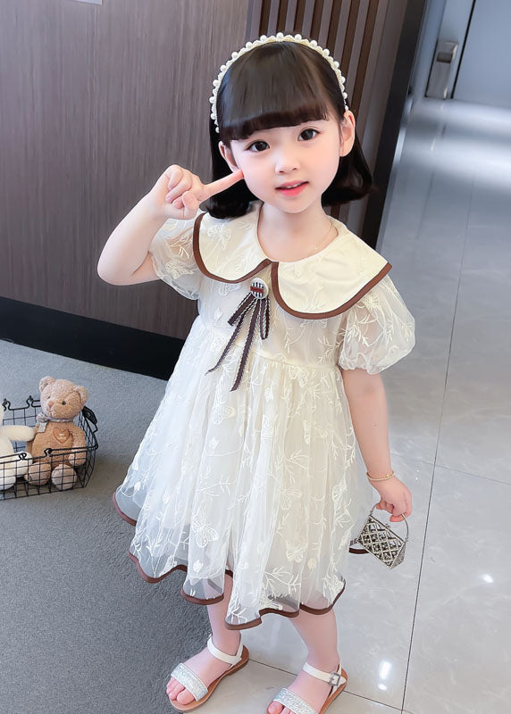 Cute Apricot Peter Pan Collar Wrinkled Patchwork Tulle Baby Girls Dresses Summer