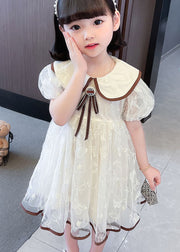 Cute Apricot Peter Pan Collar Wrinkled Patchwork Tulle Baby Girls Dresses Summer